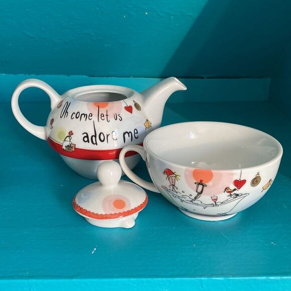 Whimsical Born To Shop Tea for One Stacking Cup & Teapot Oh Come Let Us Adore Me - Picture 5 of 7